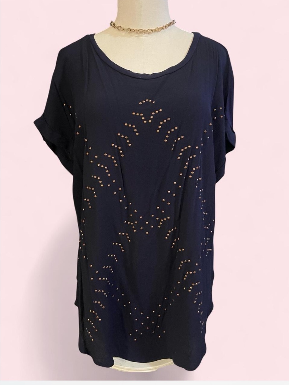 bobeau Navy Short Sleeve Tunic with Gold Stud Accents